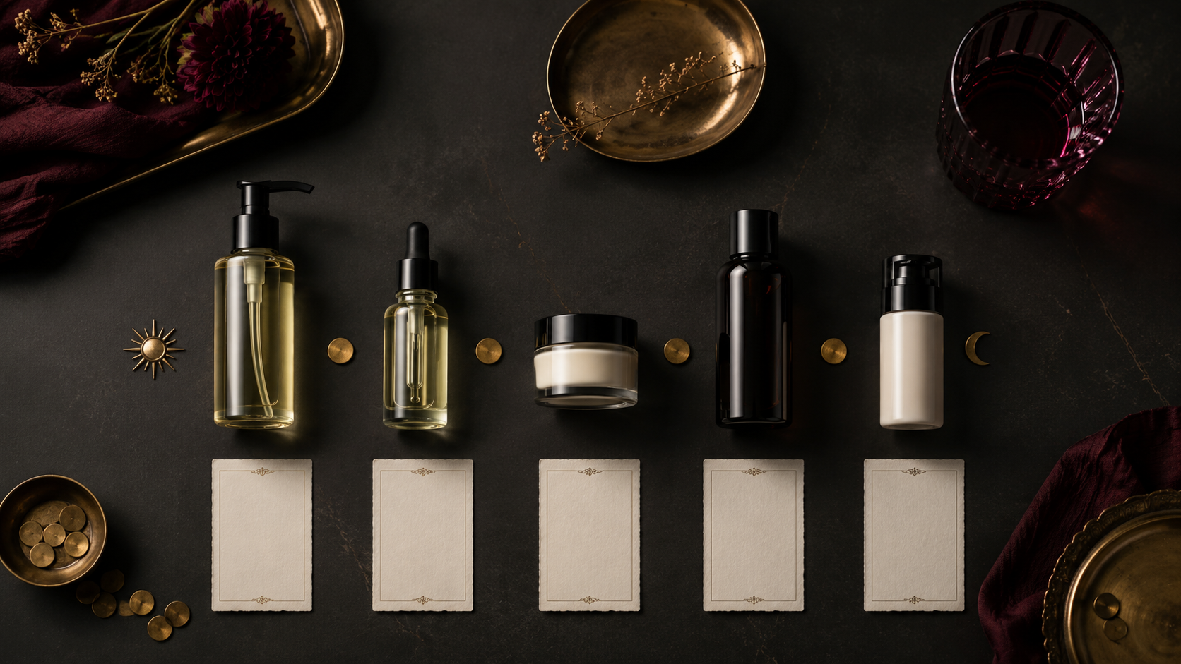 Luxury editorial skincare routine arranged for a routine complexity calculator