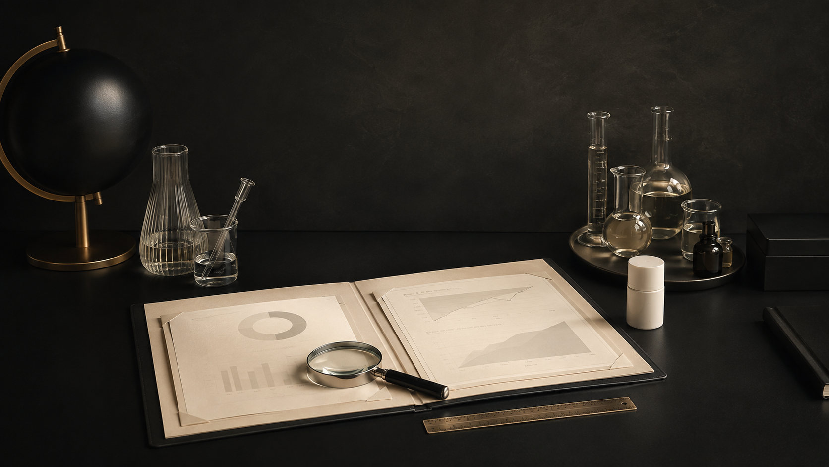 Luxury editorial skincare statistics research desk with source folio and magnifying glass