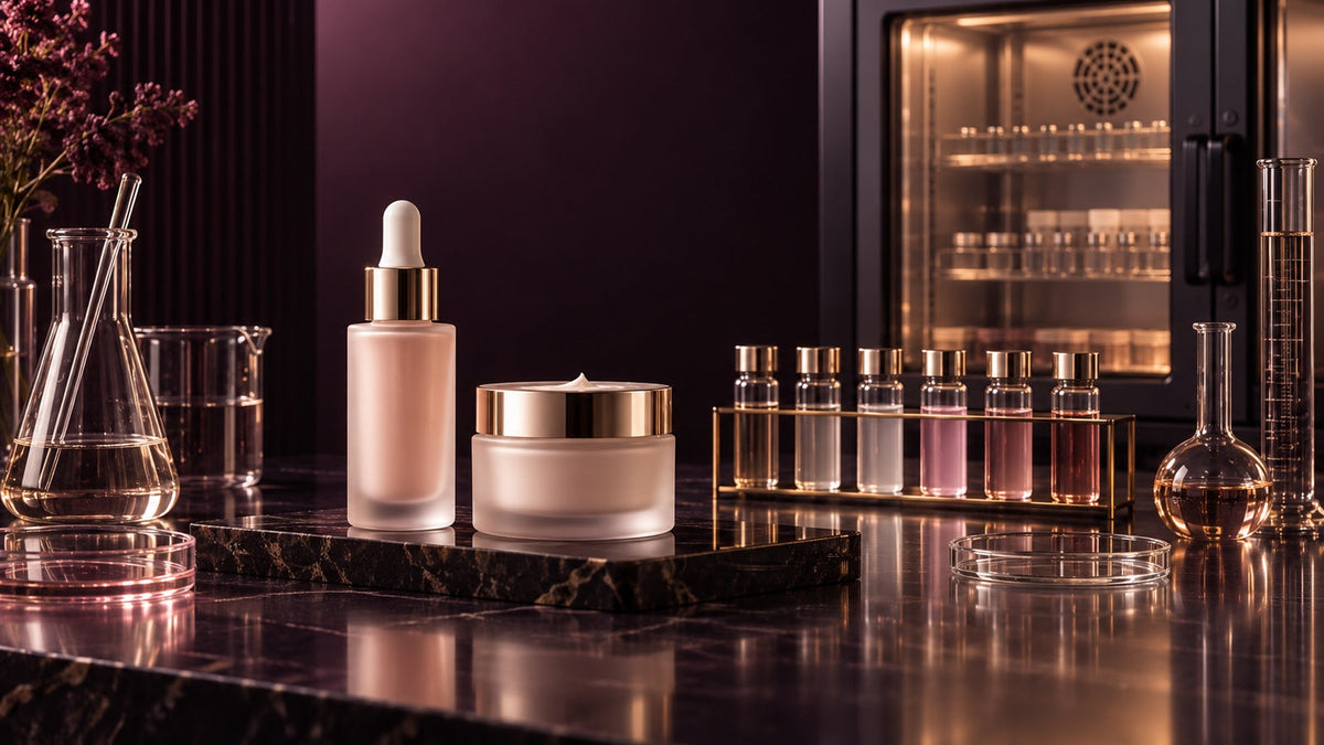 Luxury dark-plum cosmetic stability laboratory with skincare bottles, sample vials and temperature chamber