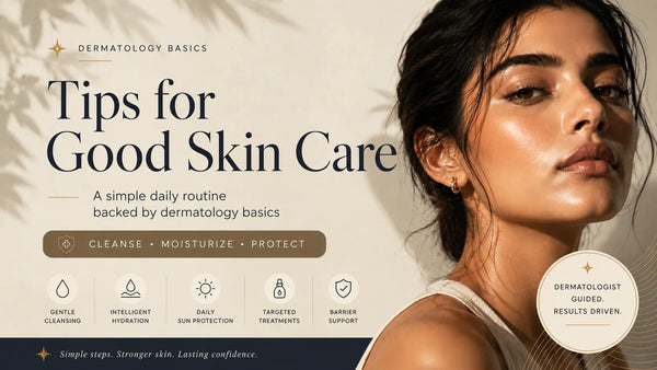 Editorial banner illustrating tips for good skin care with a simple daily routine backed by dermatology basics, featuring cleanse, moisturize, protect, sun protection, and barrier support.