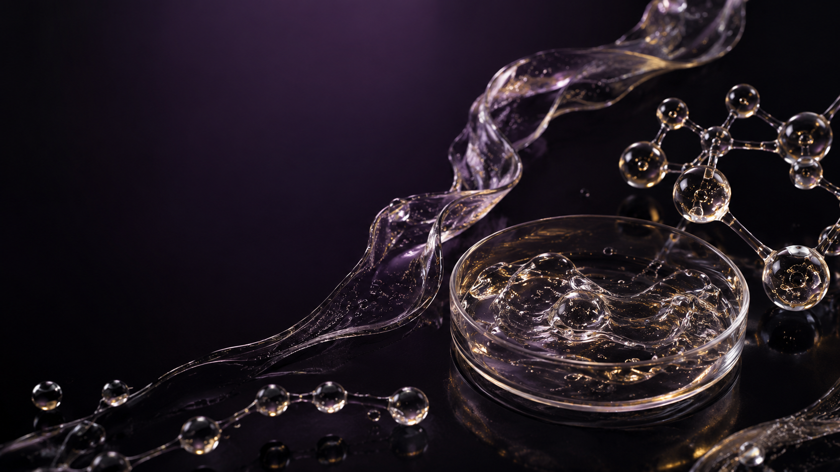 Luxury molecular laboratory still life illustrating types of hyaluronic acid