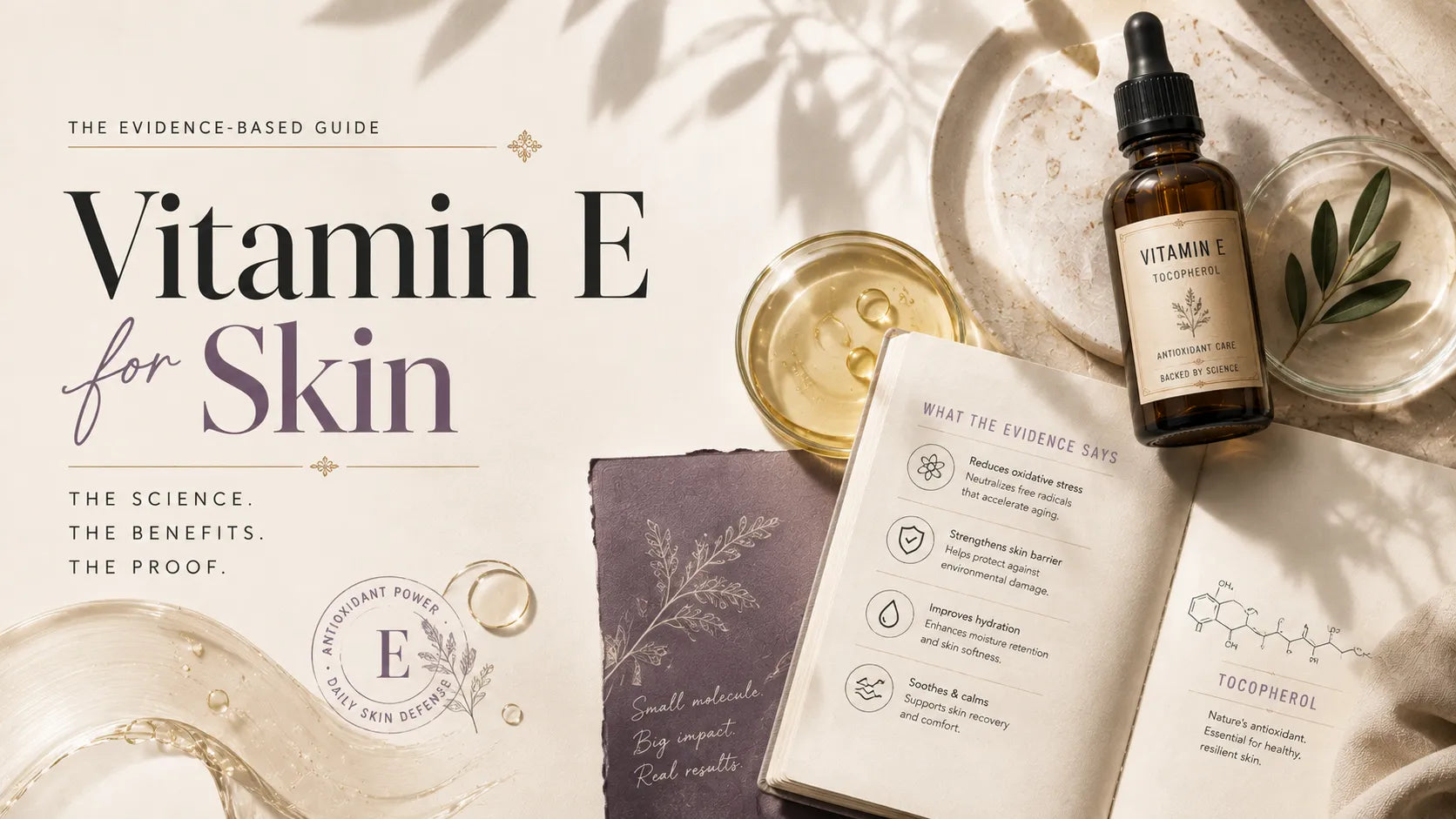 Vitamin E for skin banner with tocopherol dropper, capsules, and evidence-based skincare editorial layout.