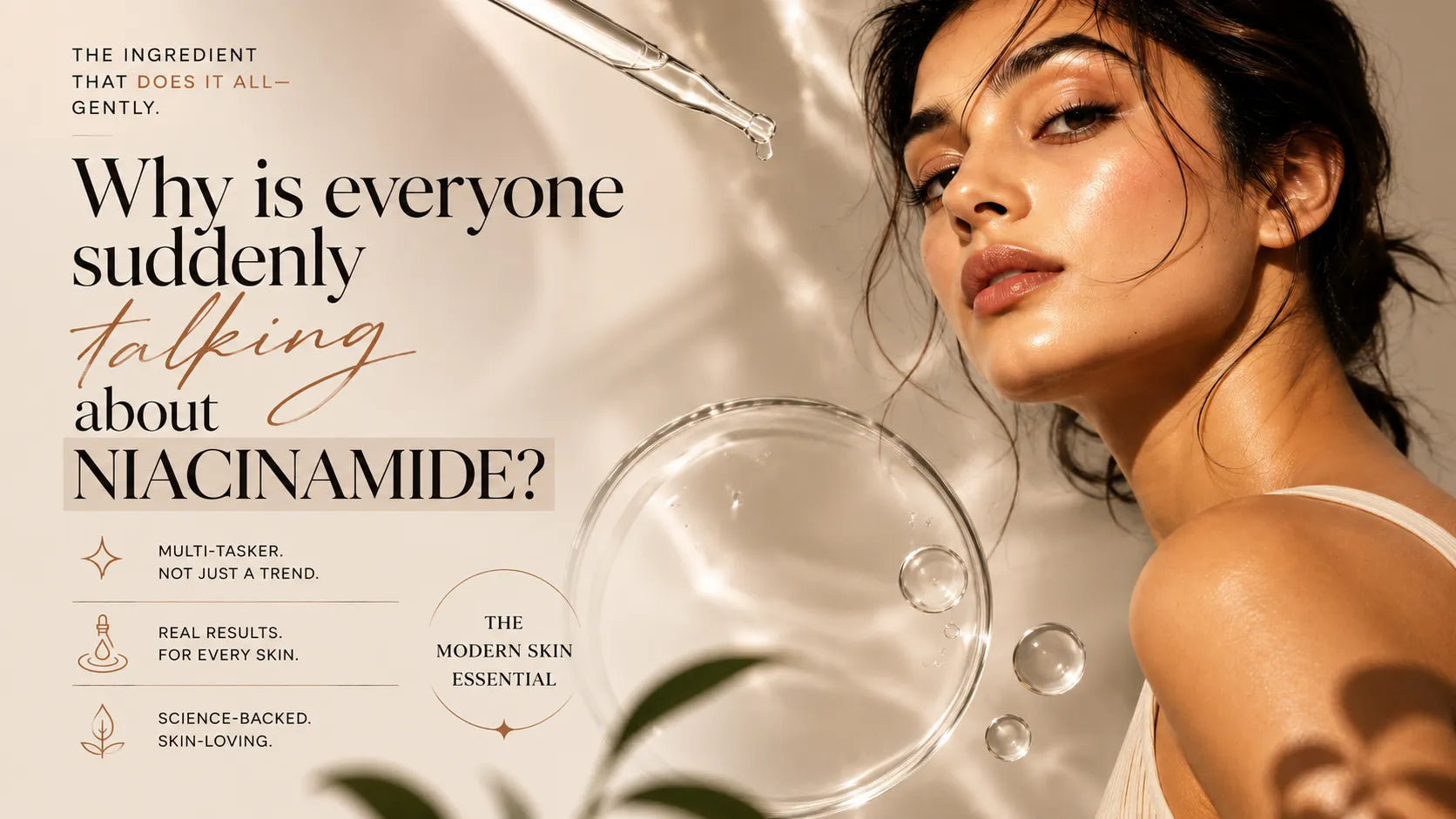 "Glowing woman with radiant skin beside a niacinamide serum dropper, highlighting the benefits of niacinamide for healthy, glowing skin."