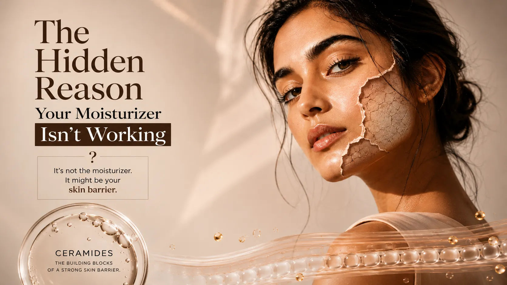 Editorial skincare banner explaining why a moisturizer may not work due to skin barrier damage, featuring ceramides, barrier repair science, dry skin, dehydration, and healthy glowing skin.