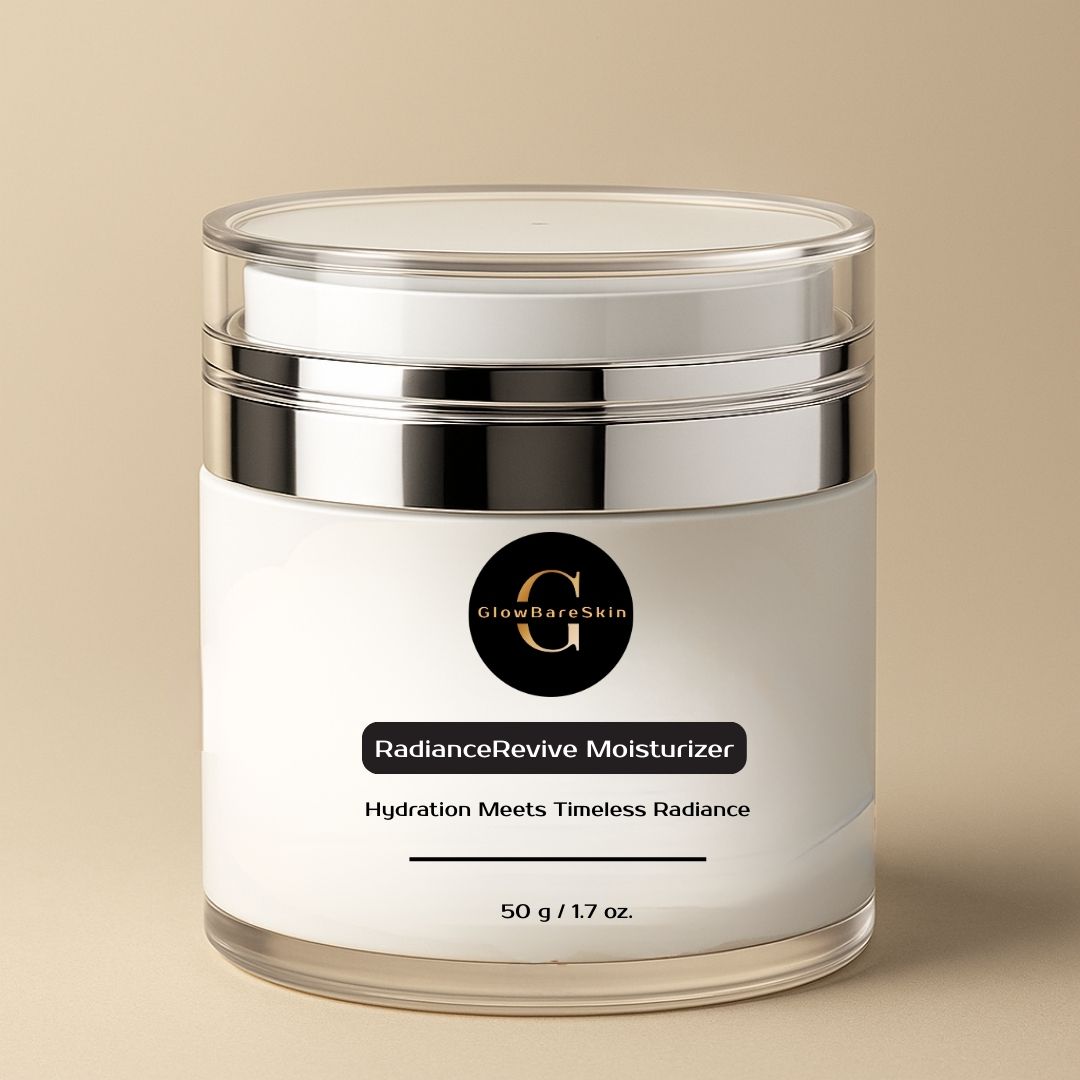 RadianceRevive Moisturizer jar with metallic lid on a beige background