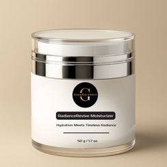RadianceRevive Moisturizer jar with metallic lid on a beige background