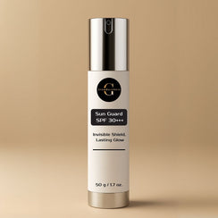 Skincare bottle labeled 'Sun Guard SPF 30+++ Invisible Shield, Lasting Glow' on a beige background