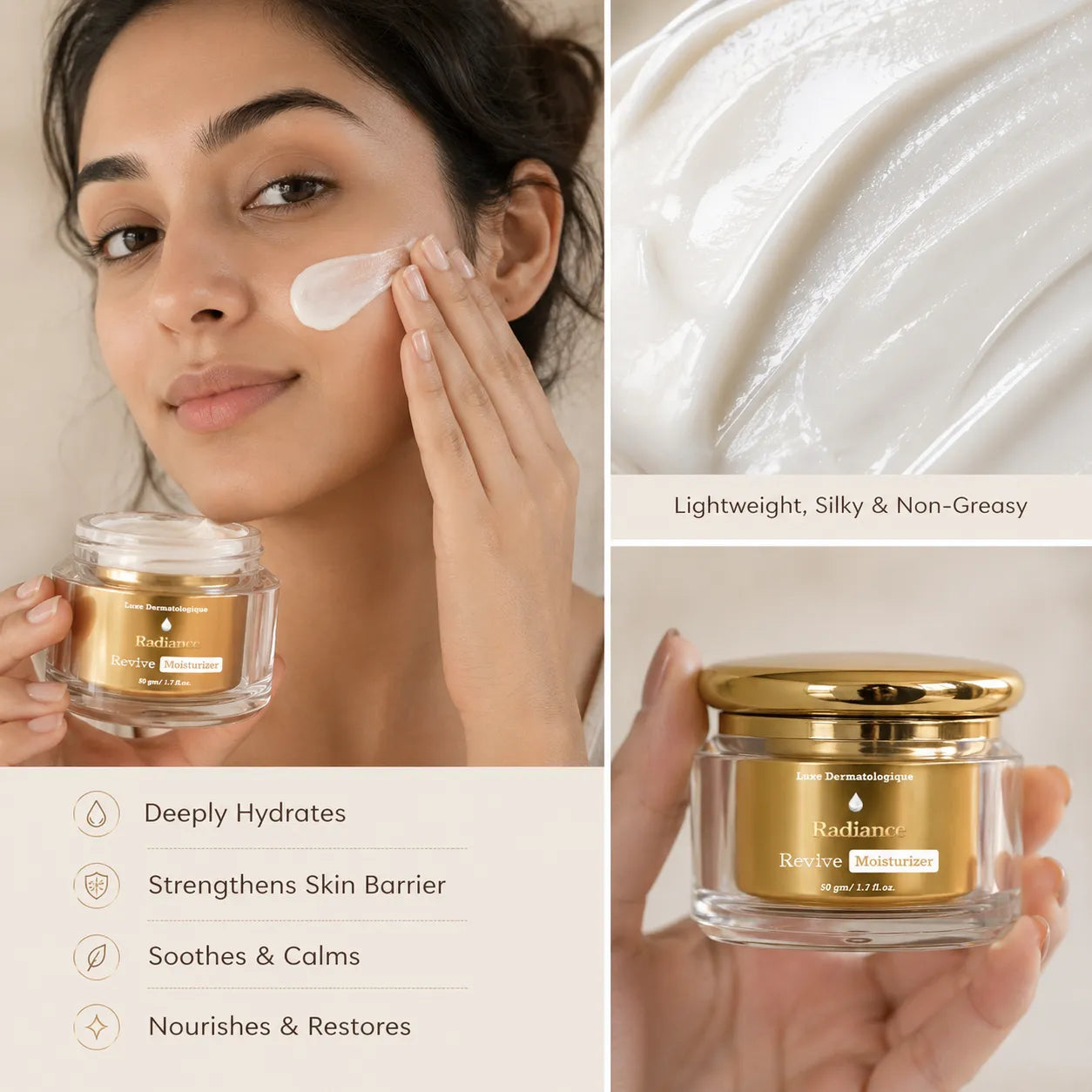 Woman applying cream to her face with a jar of cream in front, showing product details.