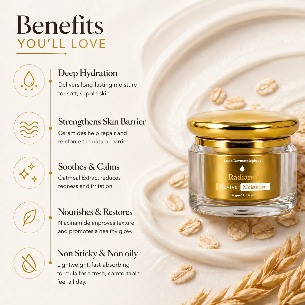 Cosmetic jar with gold lid on a textured surface with oats, benefits listed on the left.