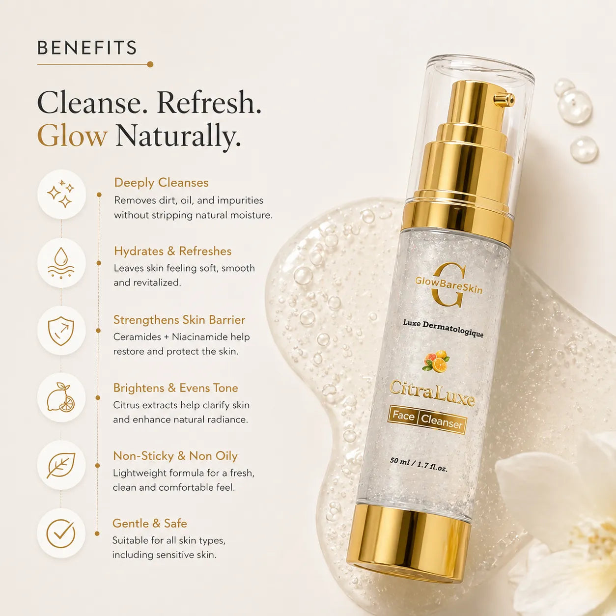 Cosmetic bottle with gold cap on a light background, featuring product benefits text.