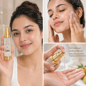 Woman holding a skincare product and applying it to her face, with close-up shots of the product and application.