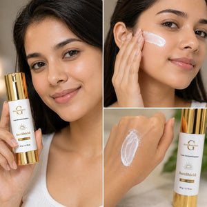 Woman applying sunscreen cream to her face with a close-up of the product.