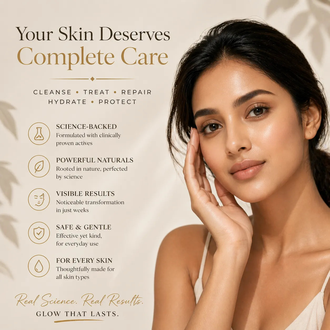 Woman with smooth skin and skincare product features on a beige background