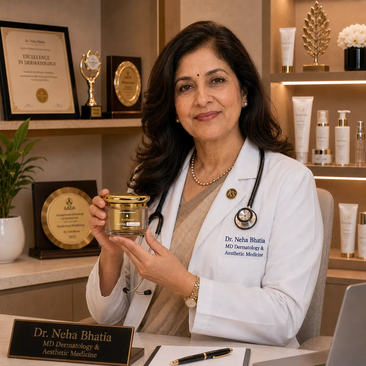 Doctor holding GlowBareSkin Radiance Revive Moisturizer