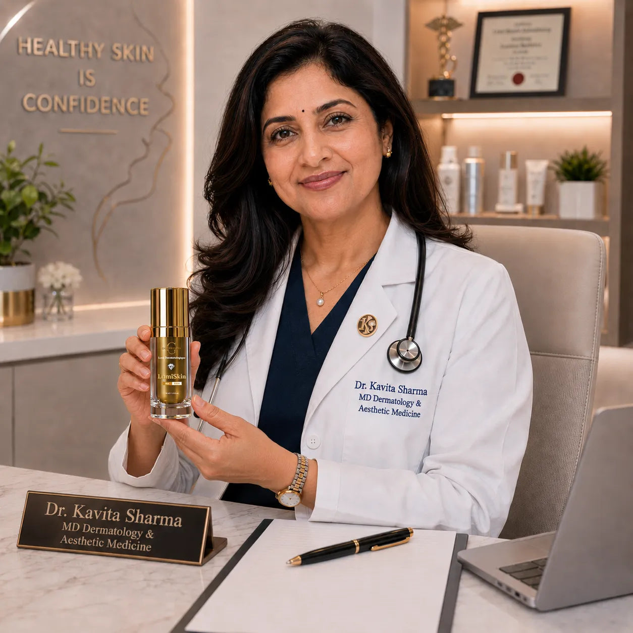 Doctor holding a skincare product in an office setting with GlowBareSkin LumiSkin Day Elixir