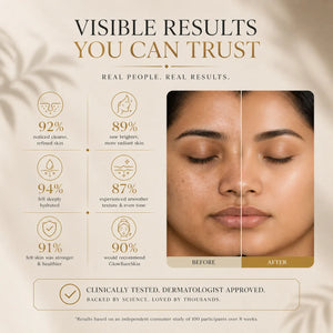 Before and after skin comparison with visible results text and statistics on a beige background.