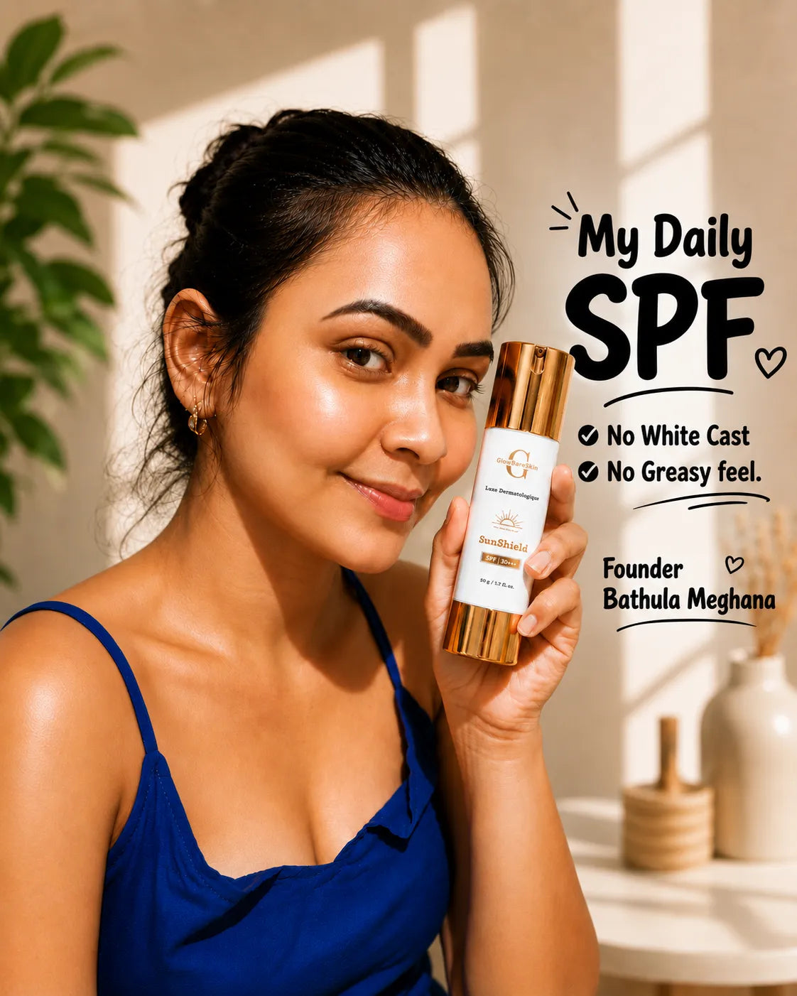 Woman holding a skincare product with text about 'My Daily SPF' in a home setting.