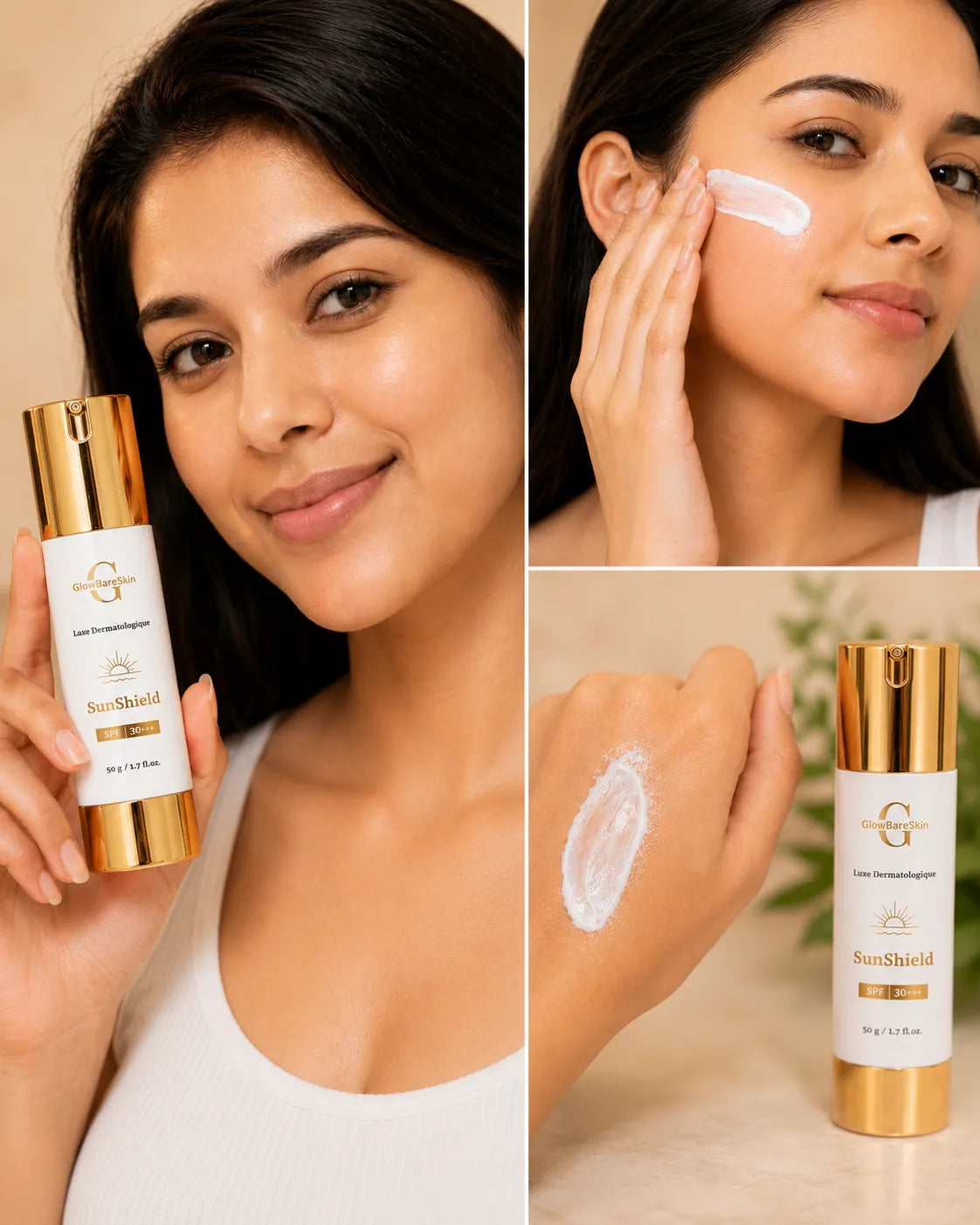 Woman applying skincare product, holding bottle, and showing cream on hand with 'Sun Shield' branding.