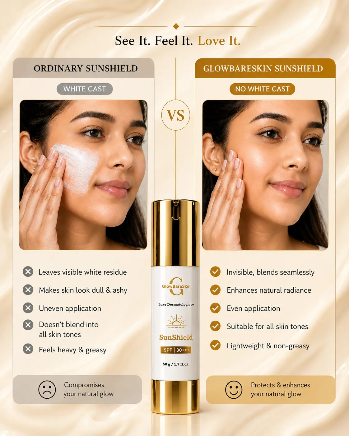 Sunscreen product with before and after images of a woman's face, highlighting its benefits.