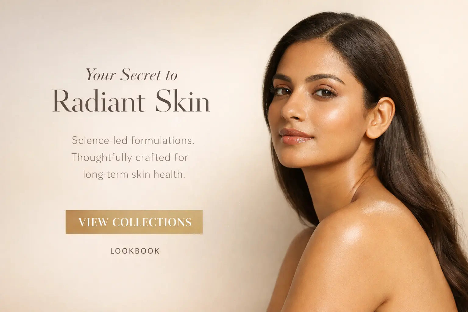 Woman with radiant skin on a beige background with text about skincare.