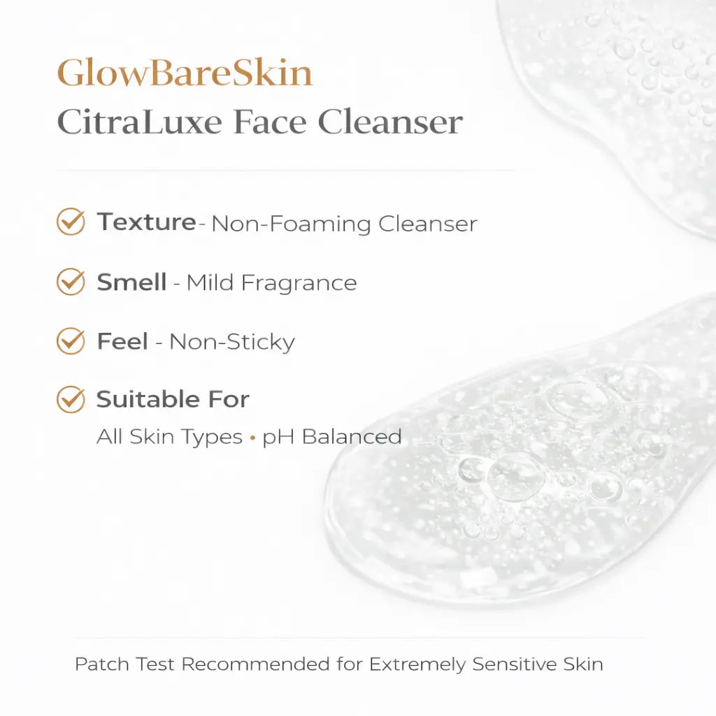 GlowBareSkin CitraLuxe Face Cleanser with product features listed on a white background