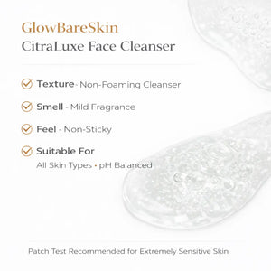 GlowBareSkin CitraLuxe Face Cleanser with product features listed on a white background
