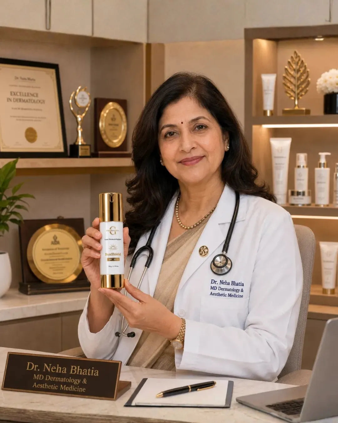 Doctor holding a skincare product in a professional setting with awards and shelves in the background