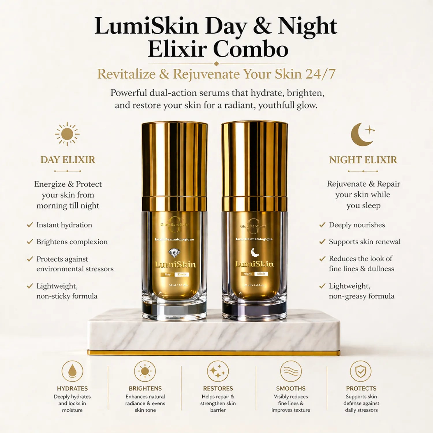 LumiSkin Day & Night Elixir Combo with product details on a white background