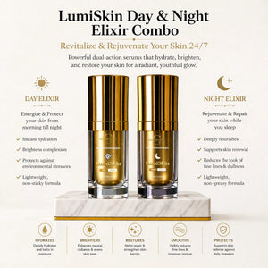 LumiSkin Day & Night Elixir Combo with product details on a white background
