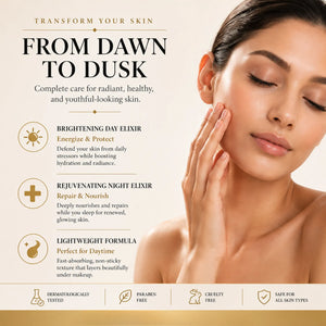 Skincare product advertisement with a woman touching her face, highlighting features like 'Brightening Day Elixir' and 'Rejuvenating Night Elixir'.