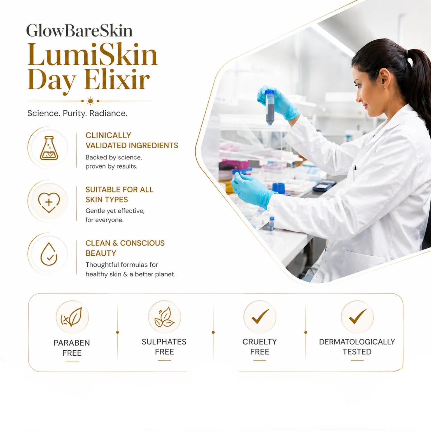 Advertisement for GlowBareSkin LumiSkin Day Elixir with a scientist in a lab.