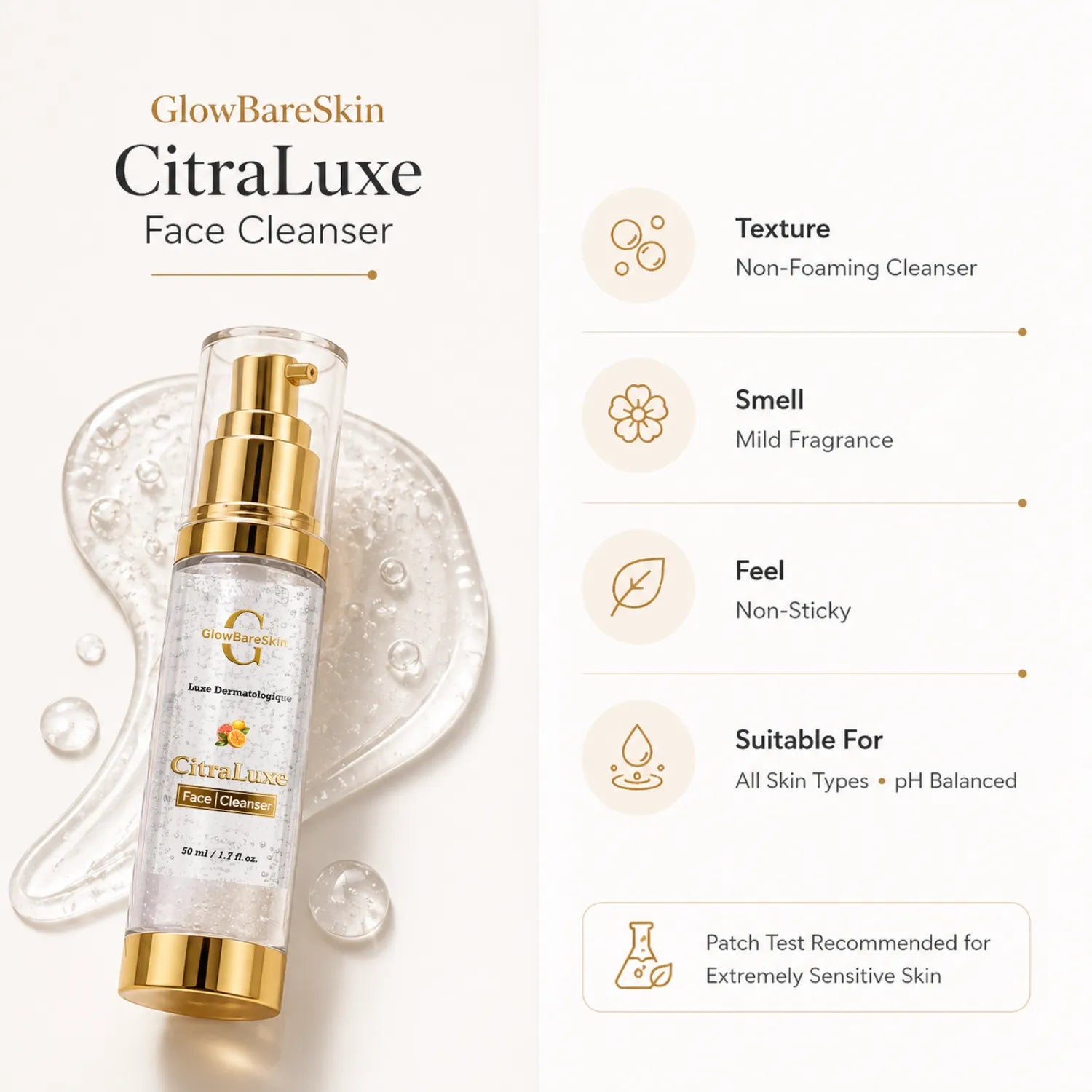 GlowBareSkin CitraLuxe Face Cleanser with product details on a white background
