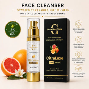 GlowBareSkin CitraLuxe Face Cleanser with Kakadu plum in a gold pump bottle and black packaging, designed for gentle cleansing, skin brightening, and hydration