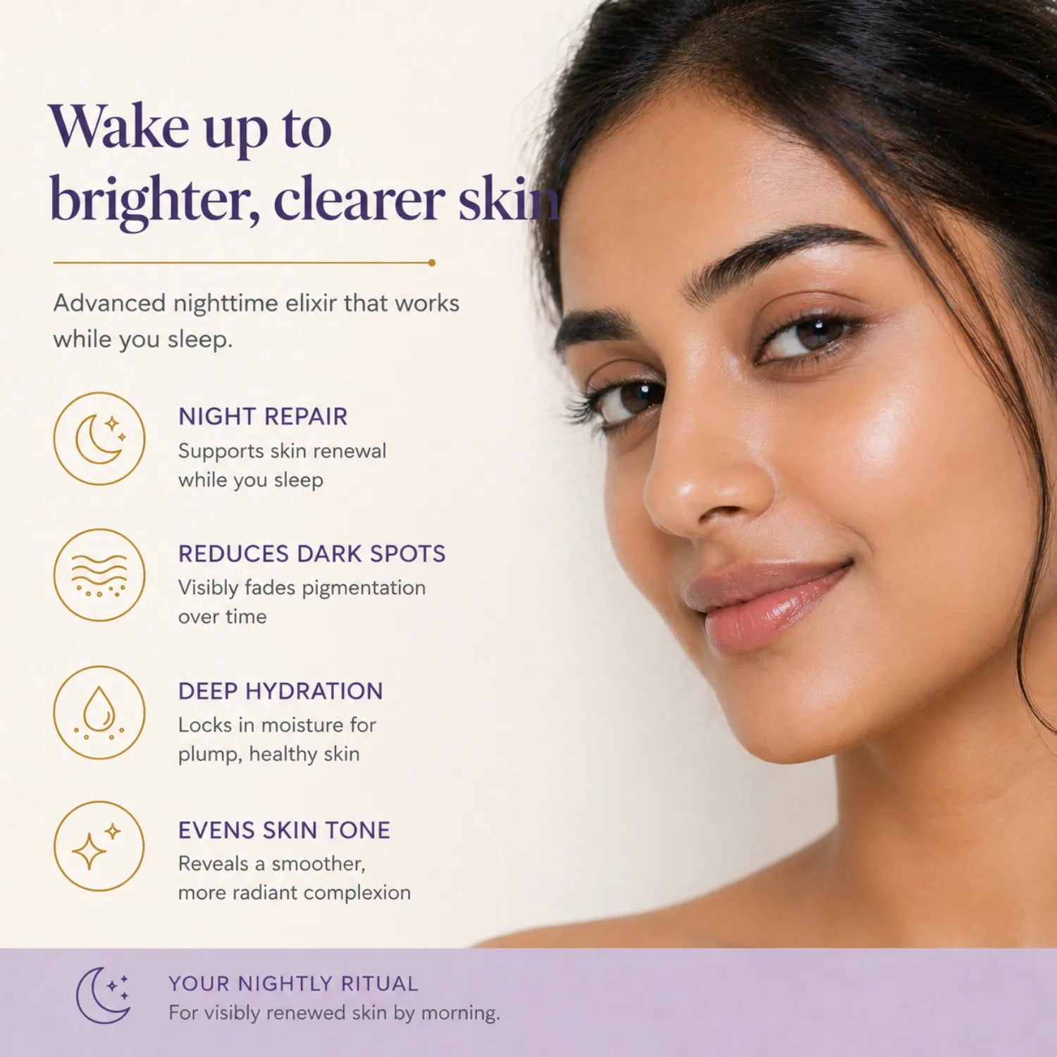 Advertisement for skincare product with a woman's face and text about skin benefits.