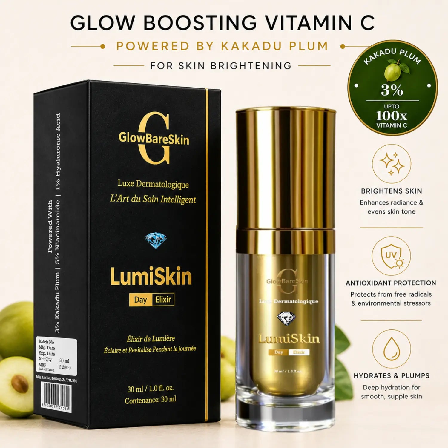 GlowBareSkin LumiSkin Day Elixir vitamin C serum with Kakadu plum in a gold bottle and black box, designed for brightening, hydration, and antioxidant protection