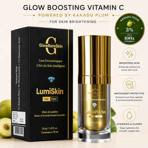 GlowBareSkin LumiSkin Day Elixir vitamin C serum with Kakadu plum in a gold bottle and black box, designed for brightening, hydration, and antioxidant protection