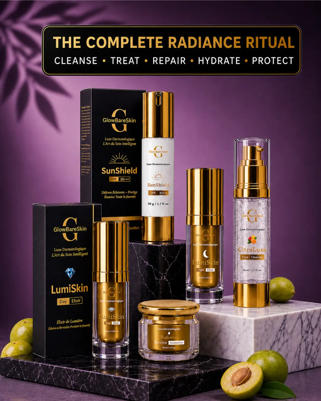 GlowBare Skin skincare products on a purple background with 'The Complete Radiance Ritual' text.