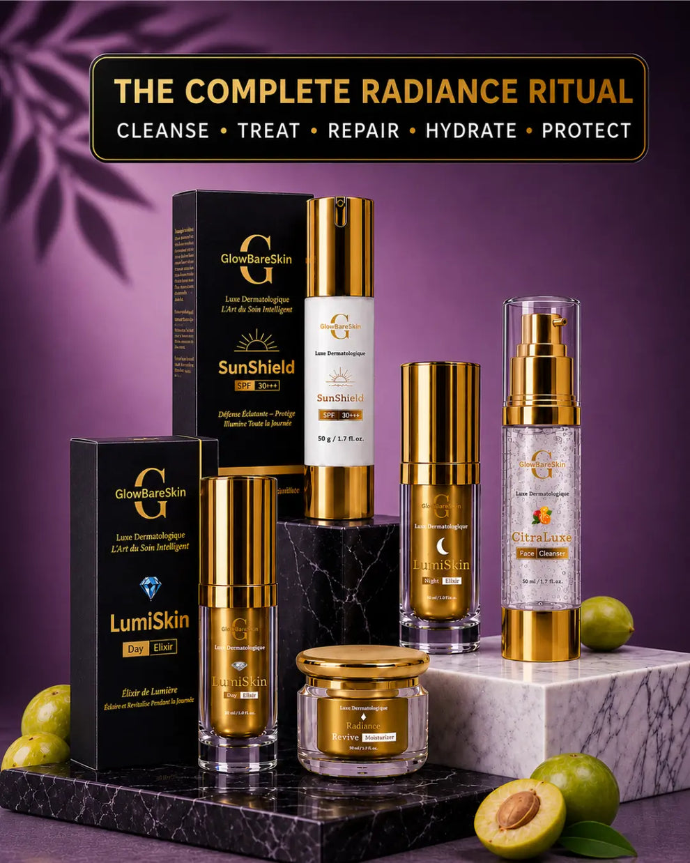 GlowBareSkin Eclat Full Set skincare routine for radiant healthy glowing Indian skin with cleanser day elixir night elixir moisturizer and sunscreen