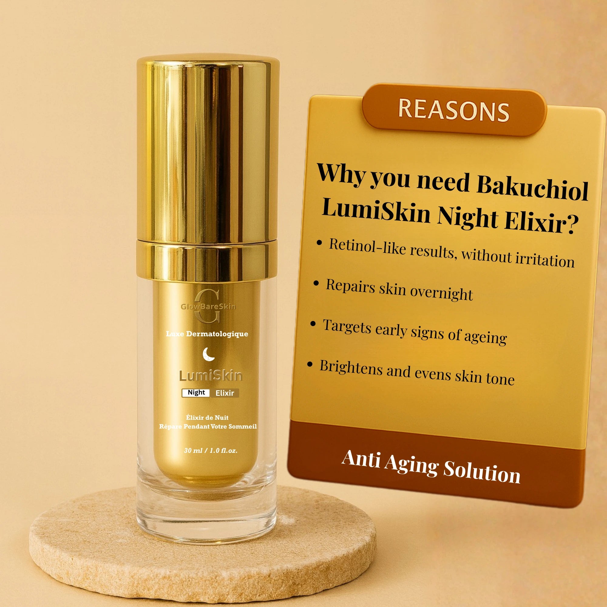 Bakuchiol LumiSkin Night Elixir on a beige background