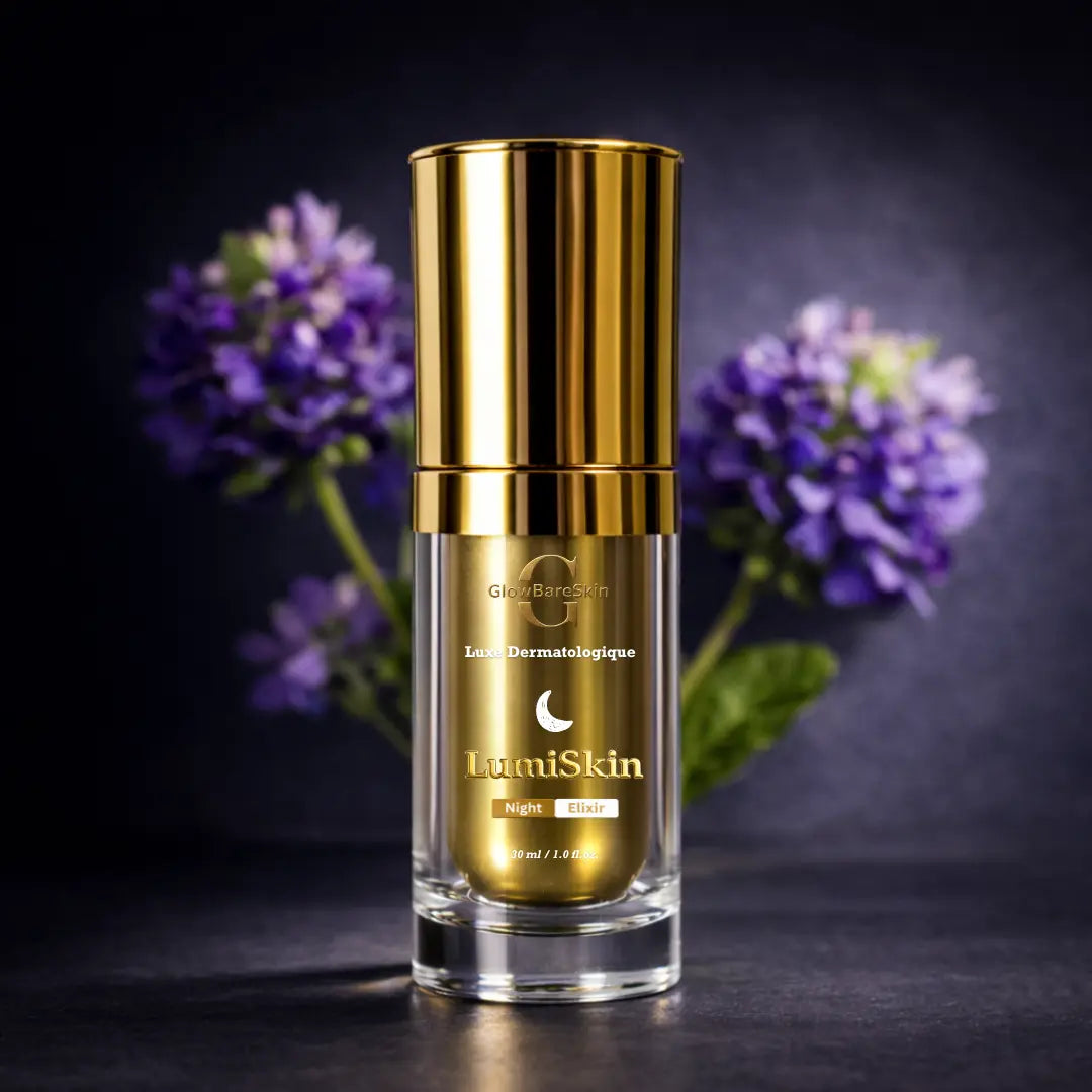 GlowBareSkin LumiSkin Night Elixir 30ml dropper bottle labeled 2% Bakuchiol and Hyaluronic Acid