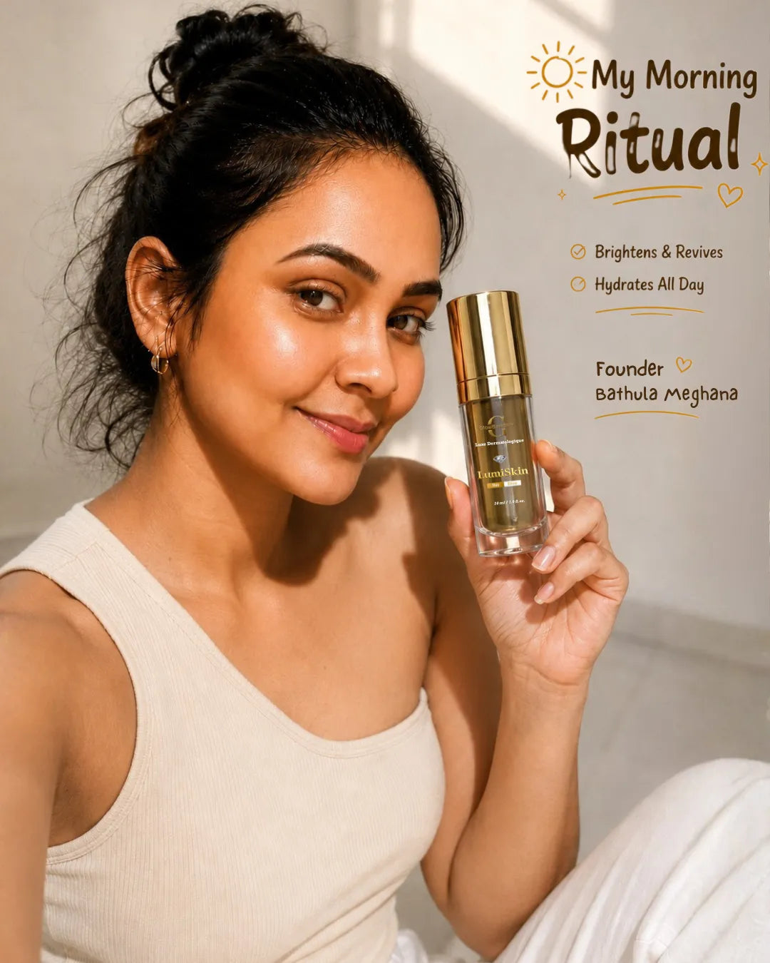 GlowBareSkin founder holding LumiSkin Day Elixir