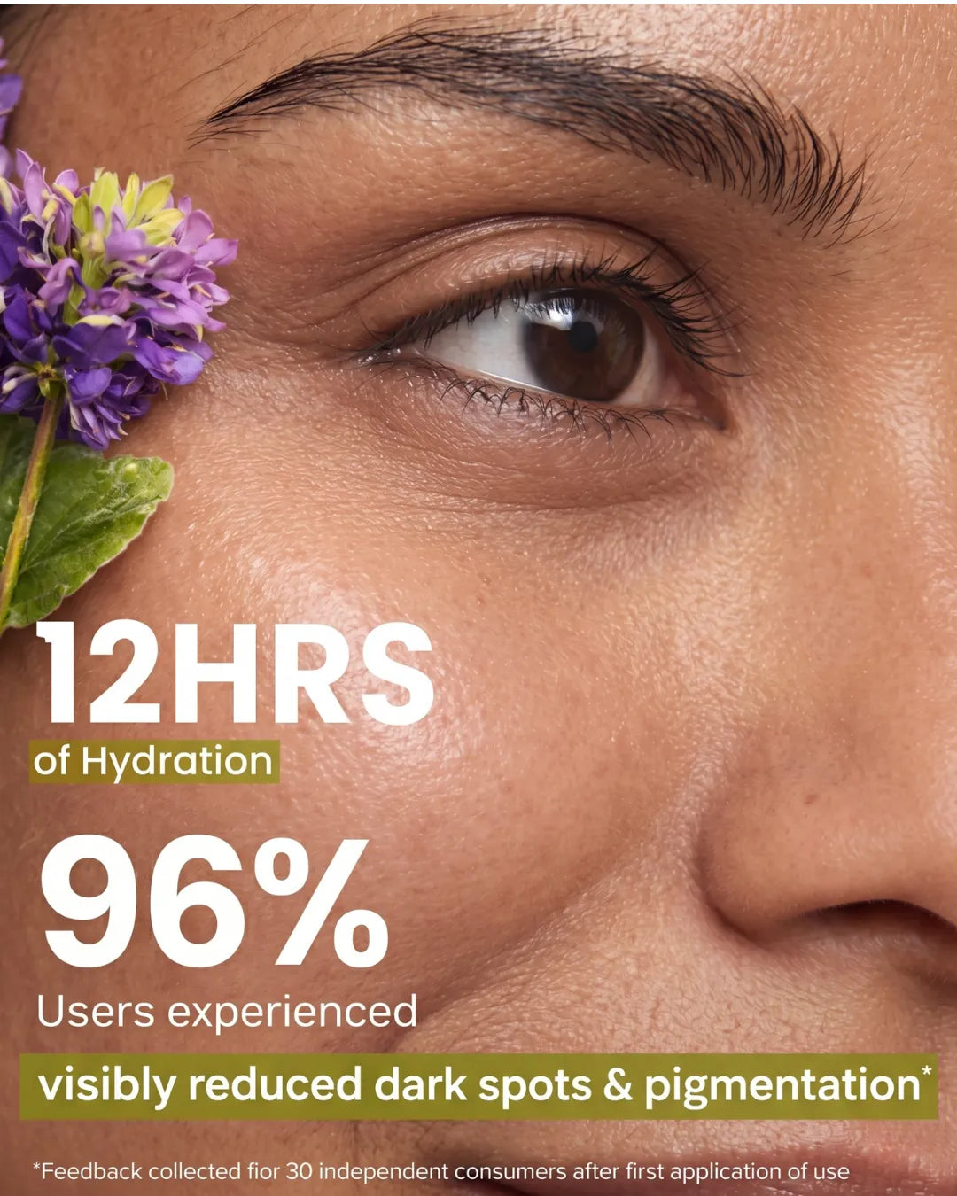 Close-up of a person's eye with a flower, highlighting skincare product benefits.