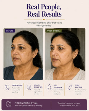 Before and after comparison of a woman's face with text about a skincare product.