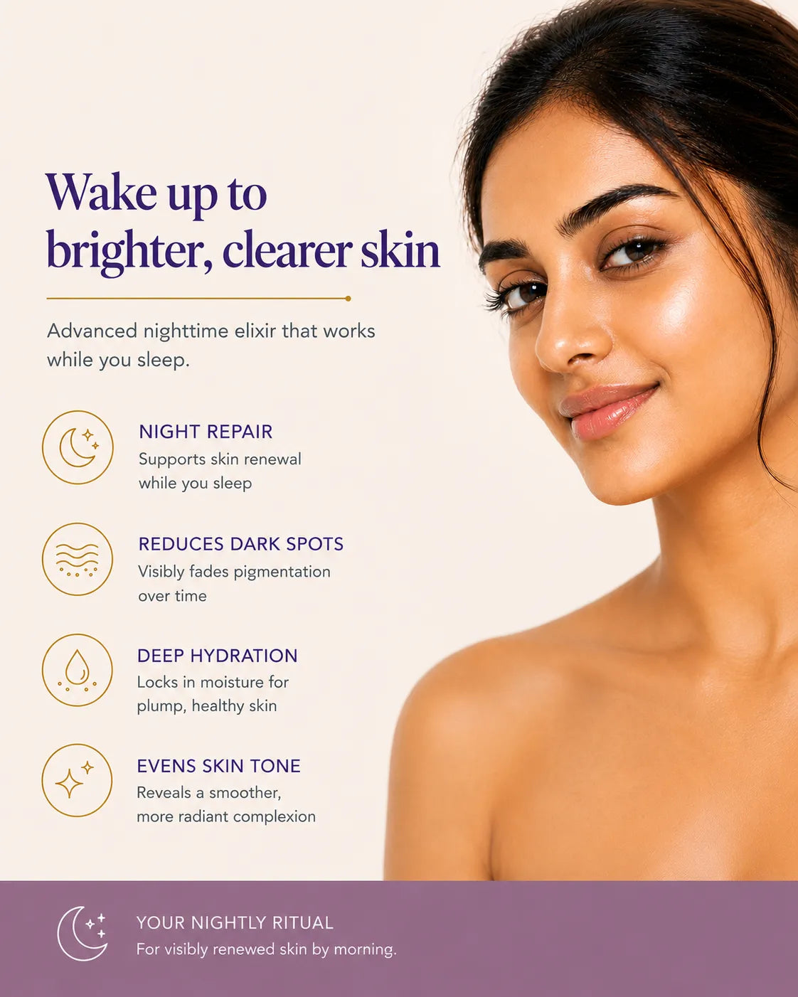 Advertisement for skin care product with a woman's face and text about skincare benefits.