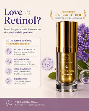 Luniiskin skincare serum bottle with promotional text and lavender flowers on a purple background