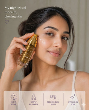Woman applying skincare product with text about night ritual for calm, glowing skin.