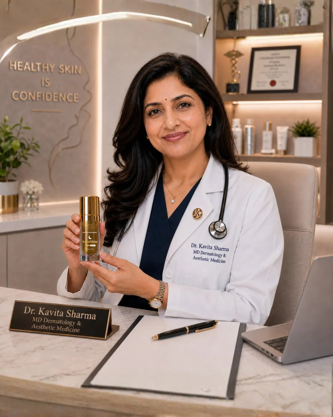 Doctor holding a skincare product in an office setting with 'Healthy Skin is Confidence' sign.