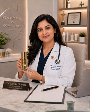 Doctor holding a skincare product in an office setting with 'Healthy Skin is Confidence' on the wall.
