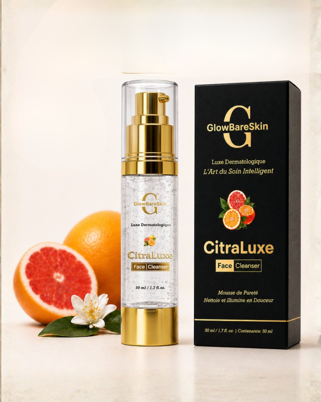 GlowBareSkin CitraLuxe Face Cleanser with packaging and oranges on a light background