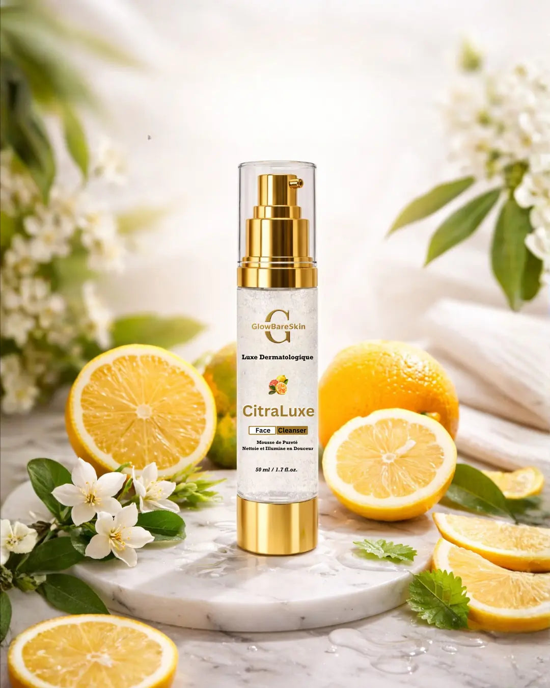Skincare bottle labeled 'CitraLuxe' with lemons and flowers on a marble surface